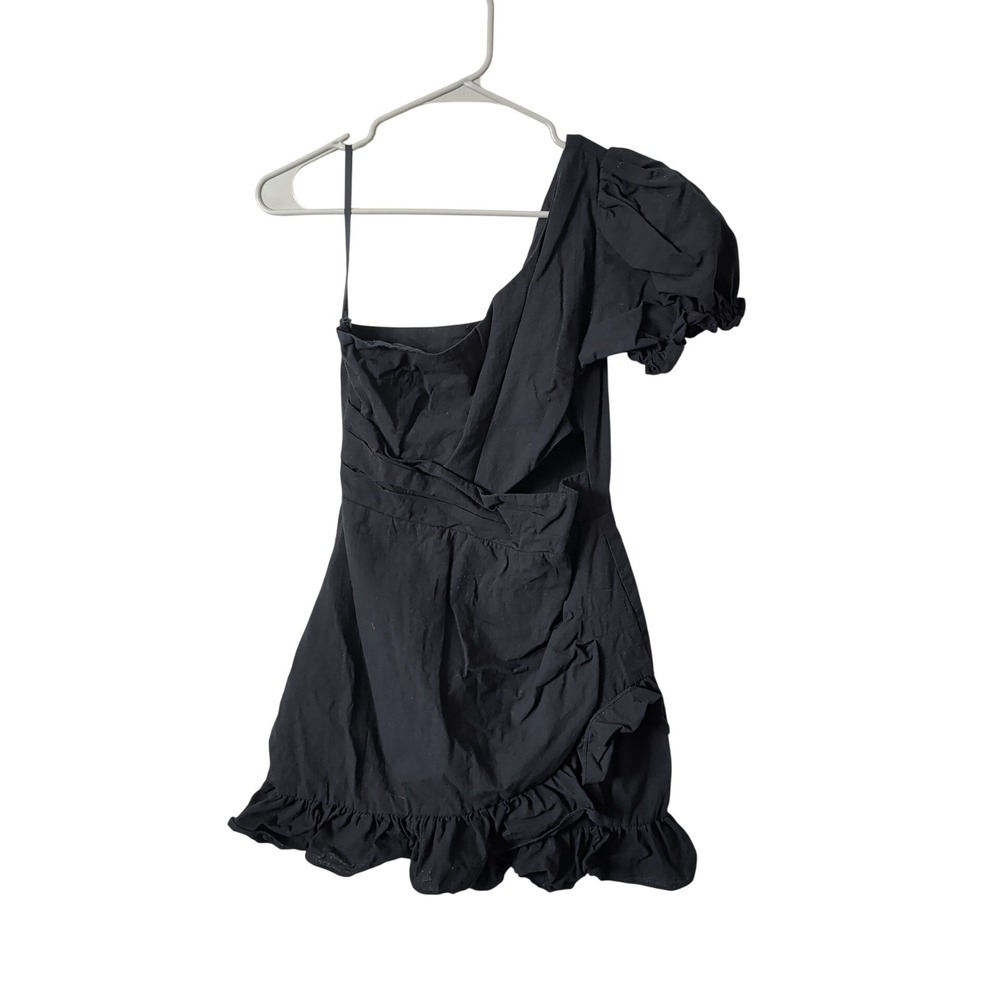 Seven Wonders Black Cotton One Shoulder Puff Sleeve Cutout Mini Dress US 6 M